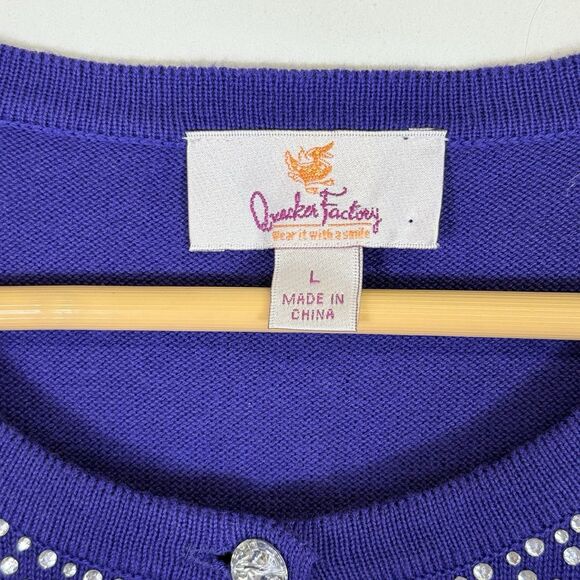 Quacker Factory Womens Large Royal Purple‎ Rhinestone Whimsical Cardigan Sweater - Picture 6 of 6